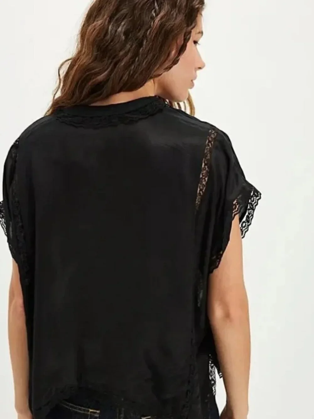 Free People Marigold Shine Lace Top Buttondown Lace V Neck Black S